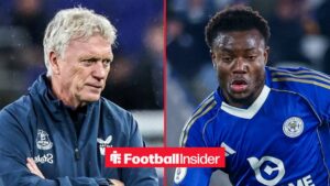 Abdul Fatawu in action for Leicester, with David Moyes on the sidelines at Everton