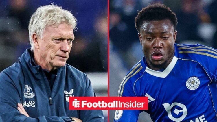 Abdul Fatawu in action for Leicester, with David Moyes on the sidelines at Everton