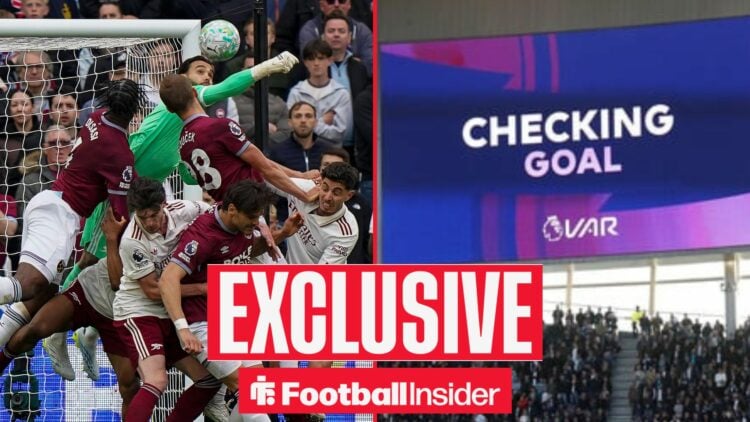 David Raya foul in West Ham vs Arsenal match alongside a screen at a Premier League stadium showing VAR is checking a goal.