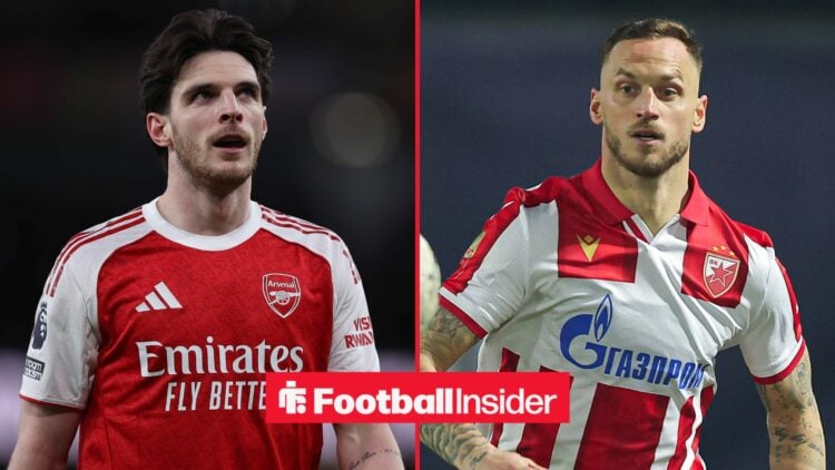 Arsenal versus Everton Declan Rice of Arsenal, 14 March 2026 / Crvena Zvezda s Marko Arnautovic during Serbian Superleague football match between C...