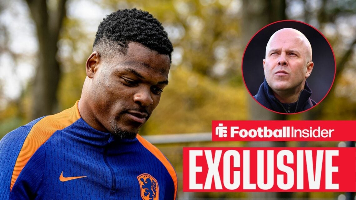 Denzel Dumfries in training with the Netherlands, with Arne Slot in a circular inset