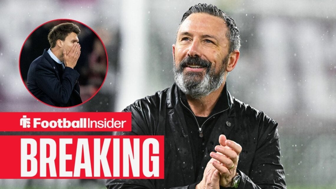 Hearts manager Derek McInnes applauds after a game, as Rangers boss Danny Rohl has his head in his hands in a circular inset.