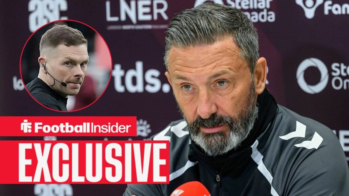 Derek McInnes in a press conference for Hearts, with John Beaton in a circular inset