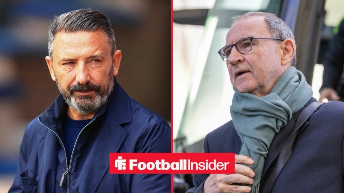 Hearts manager Derek McInnes stares across a split image towards Celtic boss Martin O'Neill, who is stepping off the team bus.