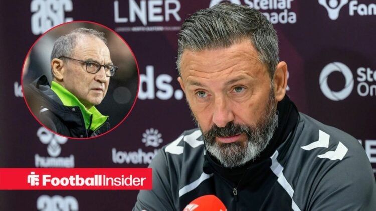 Hearts manager Derek McInnes looks stern in a press conference, as Celtic boss Martin O'Neill watches from a circular inset.