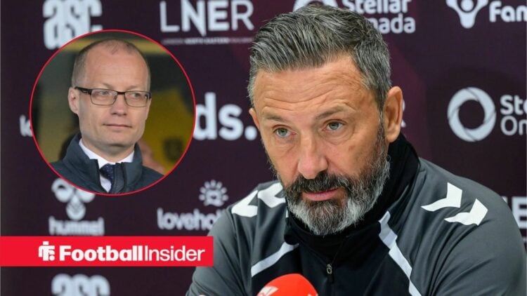 Hearts manager Derek McInnes sits in a press conference as SFA chief Willie Collum watches from a circular inset.