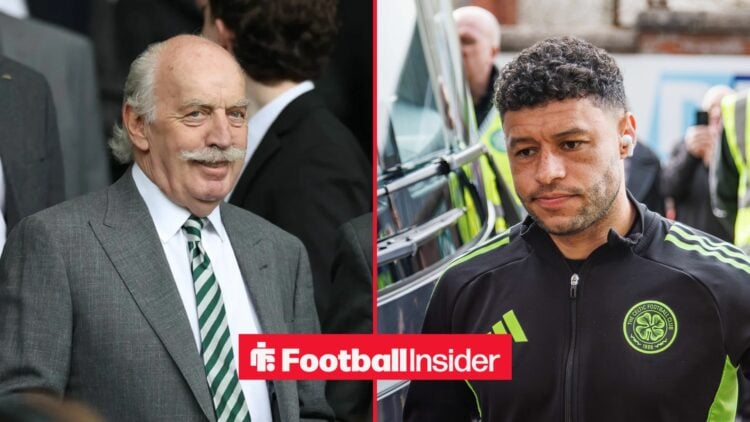 Celtic owner Dermot Desmond smiles across a split image towards midfielder Alex Oxlade-Chamberlain, who steps off the team bus.