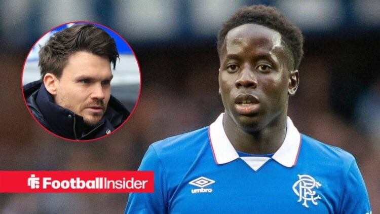 Djeidi Gassama in action for Rangers, with Danny Rohl in a circular inset