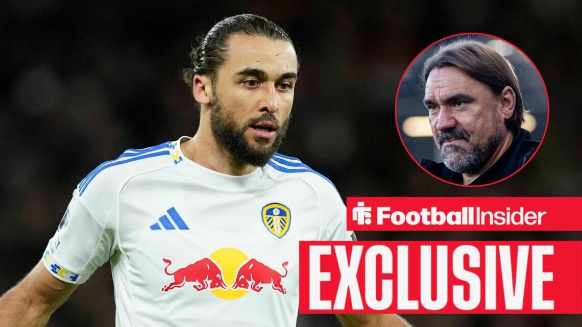Leeds striker Dominic Calvert-Lewin alongside a circular inset of Leeds manager Daniel Farke