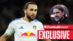 Leeds striker Dominic Calvert-Lewin alongside a circular inset of Leeds manager Daniel Farke