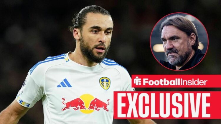 Leeds striker Dominic Calvert-Lewin alongside a circular inset of Leeds manager Daniel Farke