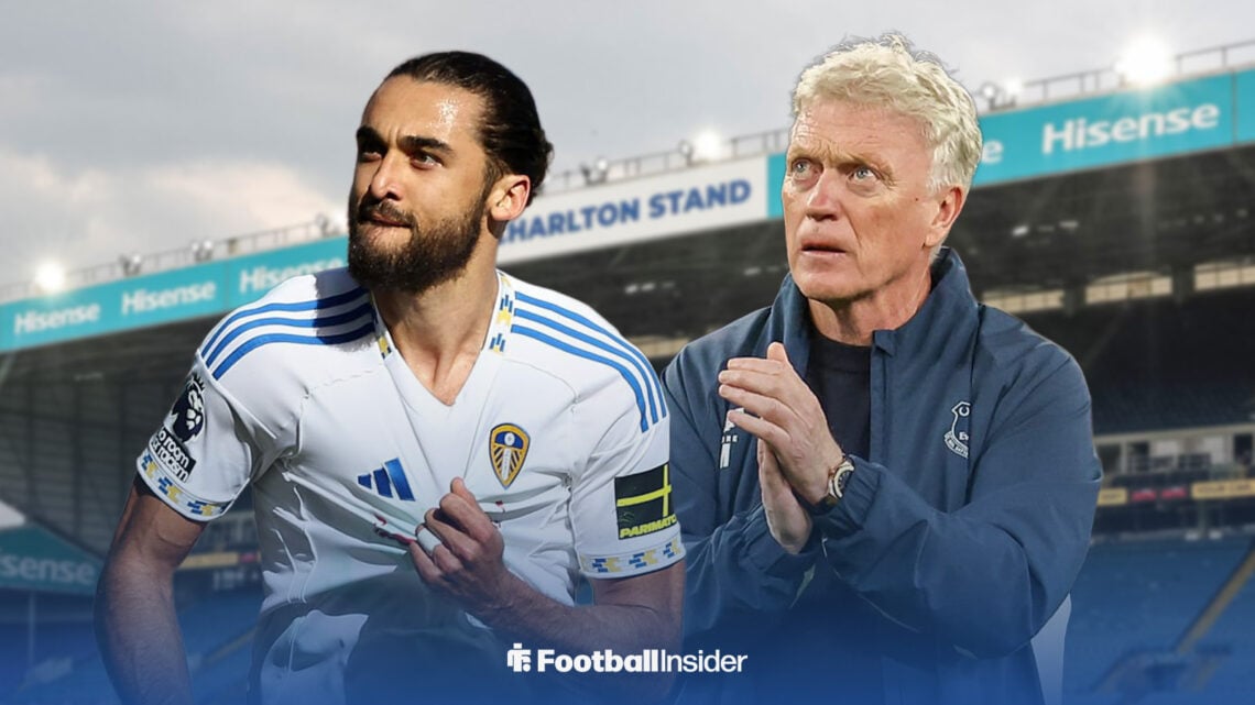 Leeds striker Dominic Calvert-Lewin celebrating a goal at Elland Road alongside Everton manager David Moyes.