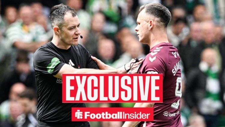 Lawrence Shankland of Heart of Midlothian speaks with the match referee Don Robertson during the William Hill Premiership match at Celtic Park, Gla...