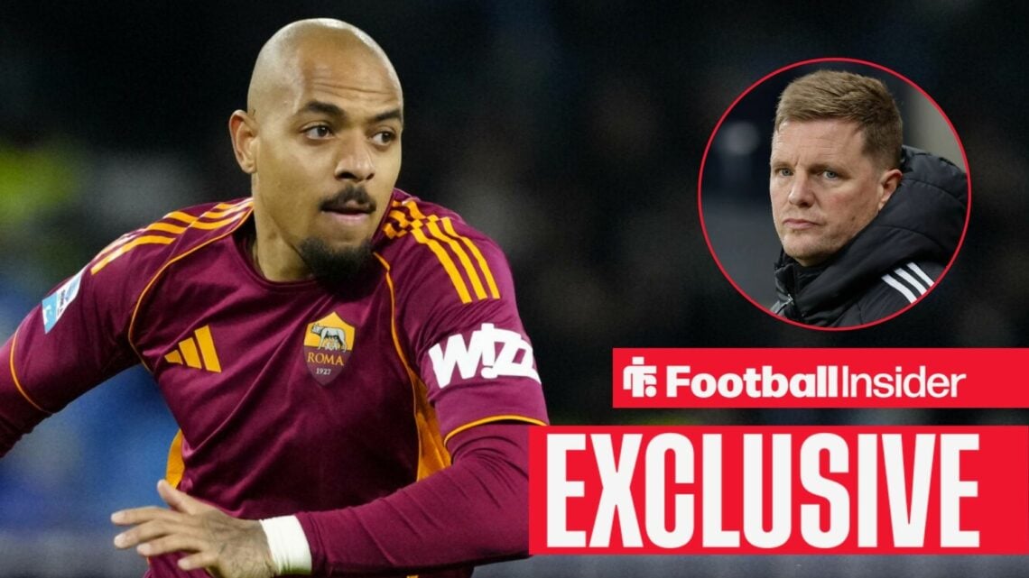 Football Insider exclusive as Roma forward Donyell Malen is in action during a game, while Newcastle manager Eddie Howe watches from a circular inset.