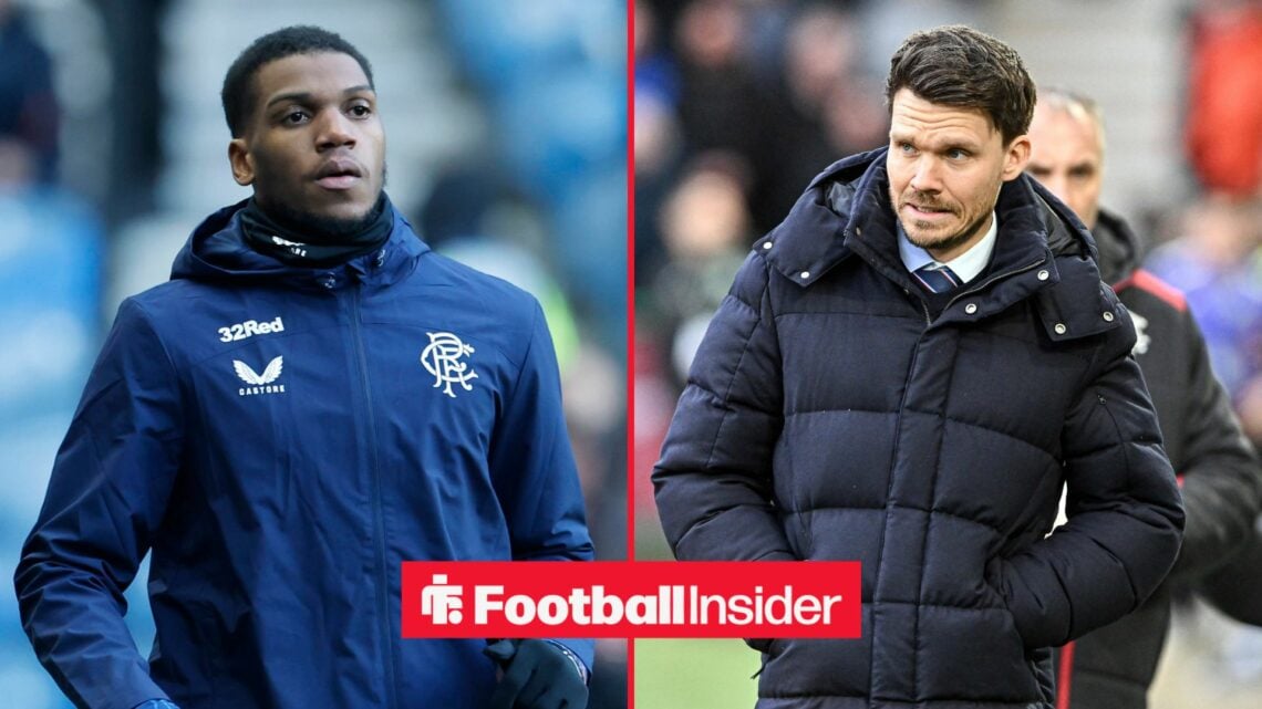 Rangers defender Dujon Sterling warms up for a game, as manager Danny Rohl looks concerned on the other side of a split image.