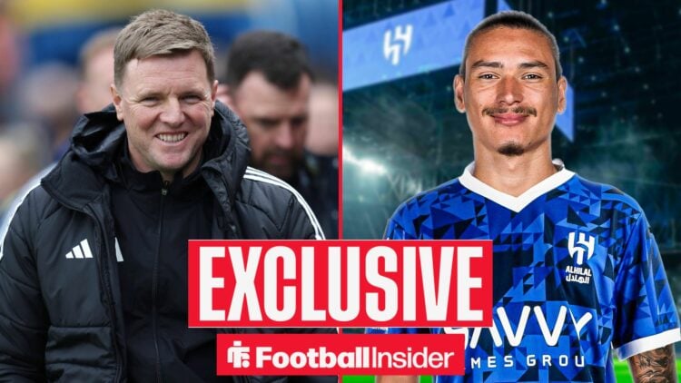 Football Insider exclusive as Newcastle manager Eddie Howe smiles across a split image towards Al-Hilal striker Darwin Nunez.