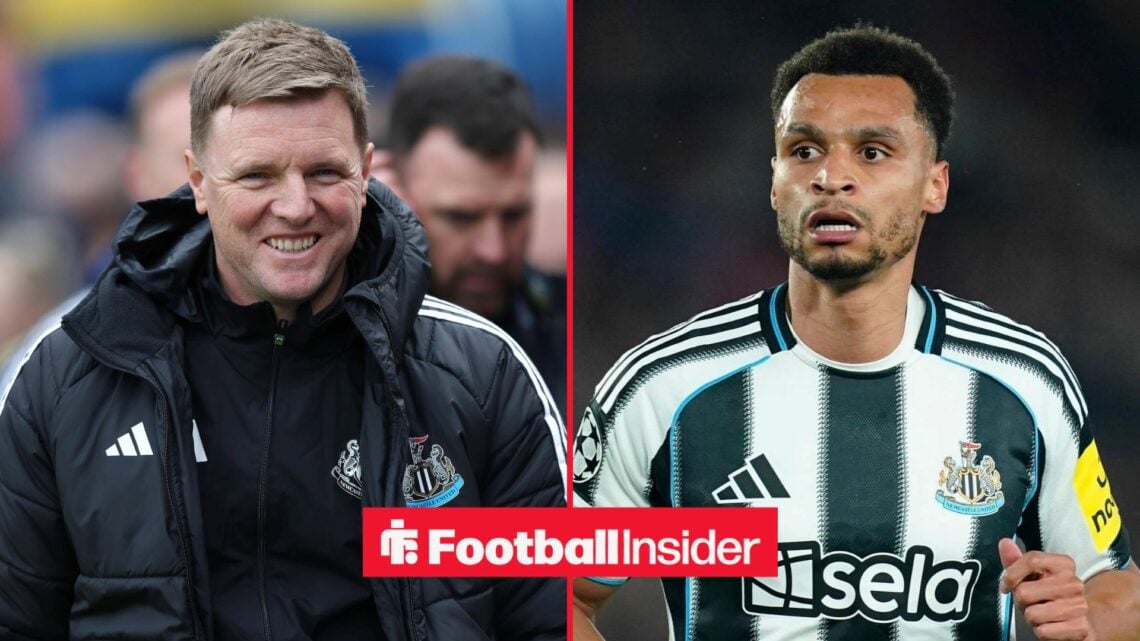 Newcastle manager Eddie Howe smiles across a split image towards winger Jacob Murphy, who is in action during a game.