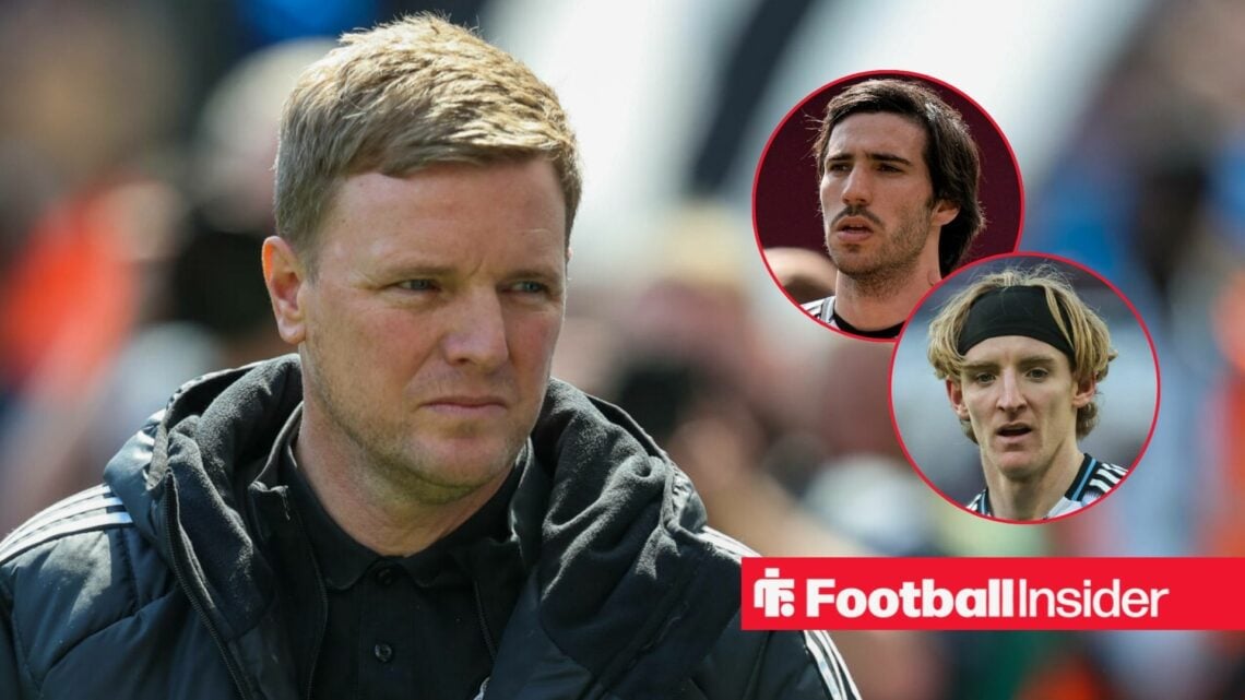 Eddie Howe on the sidelines at Newcastle, with Sandro Tonali and Anthony Gordon in circular insets