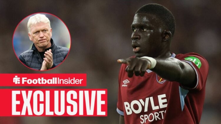 Football Insider exclusive as West Ham defender El Hadji Malick Diouf points during a game, while Everton manager David Moyes applauds in a circula...