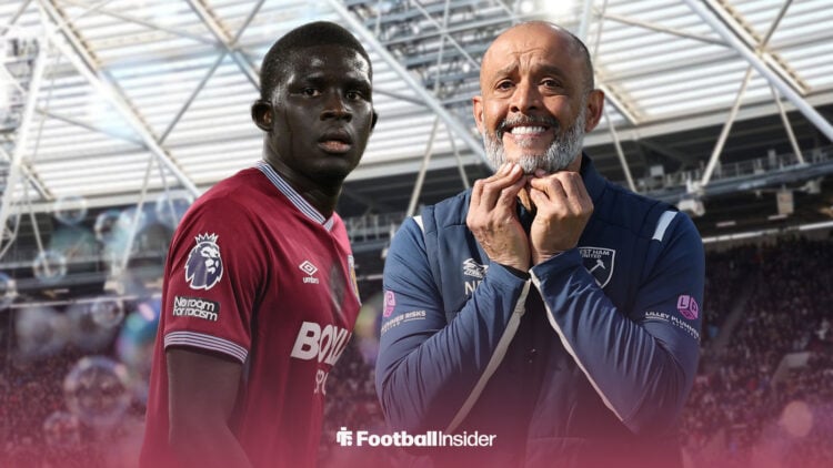 West Ham defender El Hadji Malick Diouf alongside a concerned looking Nuno Espirito Santo at the London Stadium.