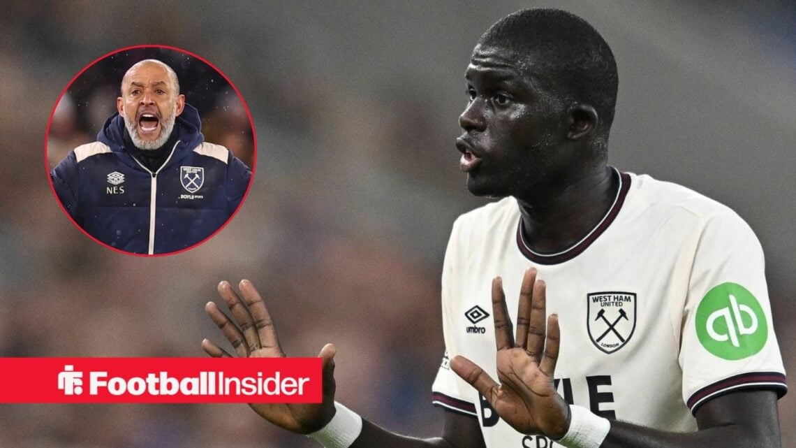 West Ham defender El Hadji Malick Diouf raises his hands during a game, as manager Nuno Espirito Santo shouts in a circular inset.