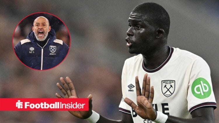 West Ham defender El Hadji Malick Diouf raises his hands during a game, as manager Nuno Espirito Santo shouts in a circular inset.