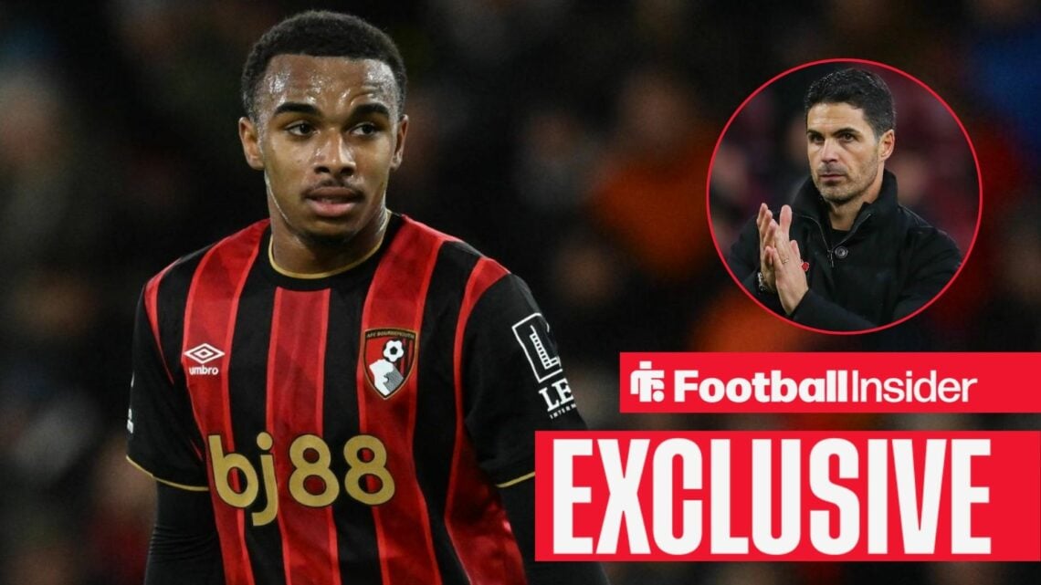 Football Insider exclusive as Bournemouth forward Eli Junior Kroupi is in action during a game, while Arsenal manager Mikel Arteta applauds in a ci...