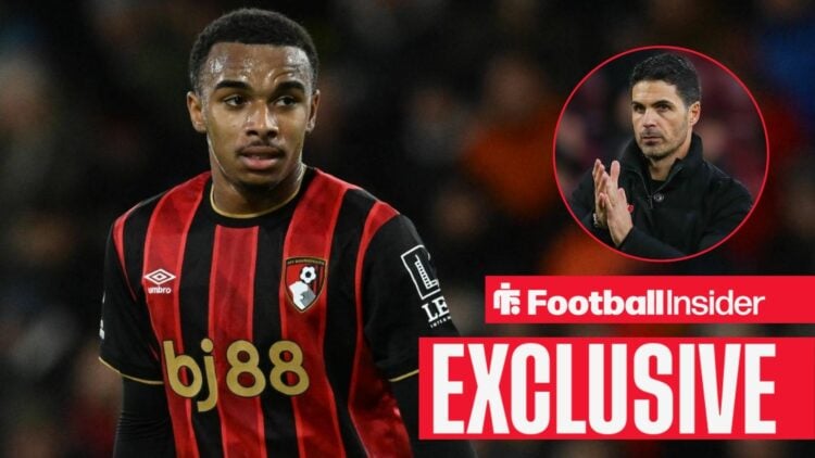 Football Insider exclusive as Bournemouth forward Eli Junior Kroupi is in action during a game, while Arsenal manager Mikel Arteta applauds in a ci...