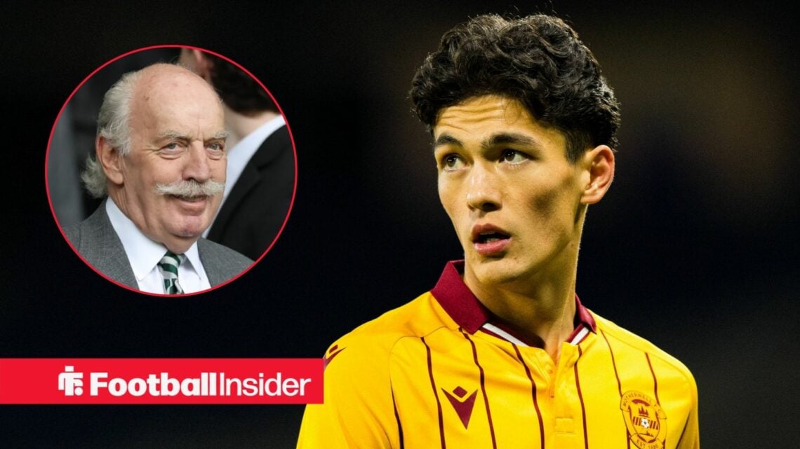 Elijah Just in action for Motherwell, with Dermot Desmond in a circular inset