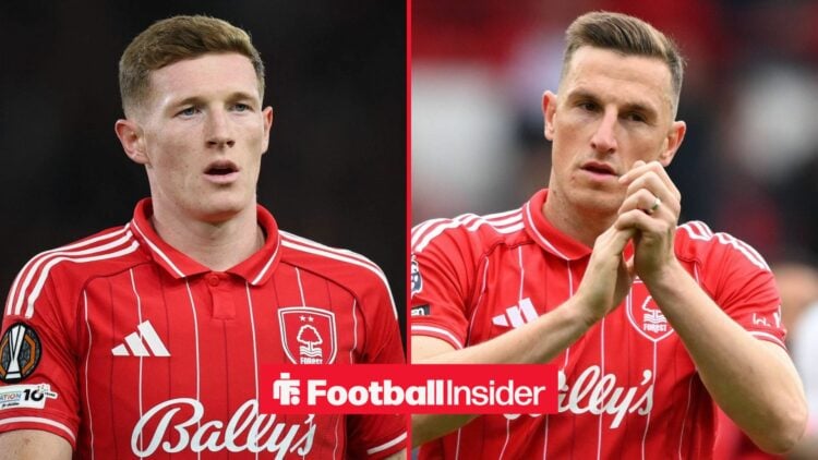 Nottingham Forest midfielder Elliot Anderson stares across a split image towards striker Chris Wood, who looks frustrated during a game.