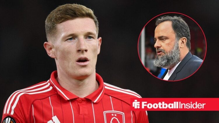 Nottingham Forest midfielder Elliot Anderson stares towards owner Evangelos Marinakis, who looks frustrated in a circular inset.