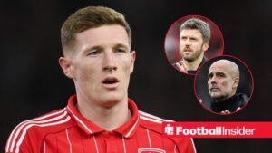 Elliot Anderson in action for Nottingham Forest, with Michael Carrick and Pep Guardiola in circular insets