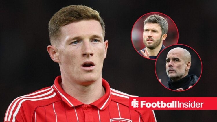 Elliot Anderson in action for Nottingham Forest, with Michael Carrick and Pep Guardiola in circular insets