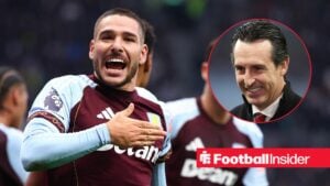 Aston Villa midfielder Emiliano Buendia taps the badge after scoring, as manager Unai Emery grins in a circular inset.