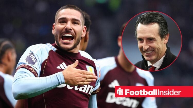 Aston Villa midfielder Emiliano Buendia taps the badge after scoring, as manager Unai Emery grins in a circular inset.