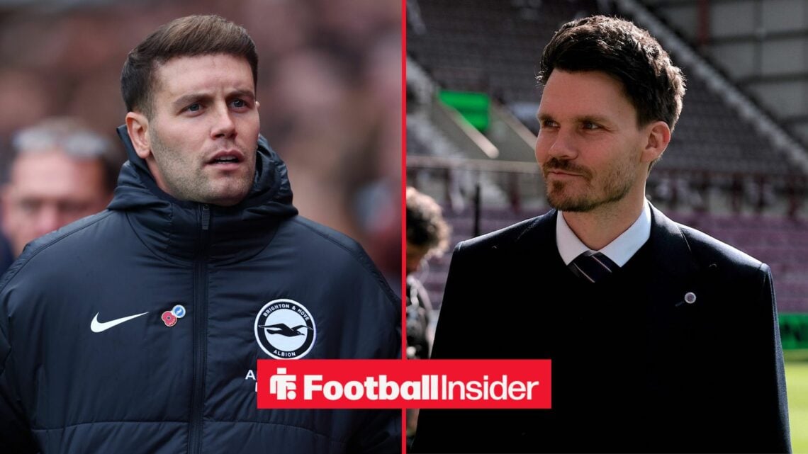 Brighton manager Fabian Hurzeler looks across a split image towards Rangers boss Danny Rohl, who smiles on the touchline.