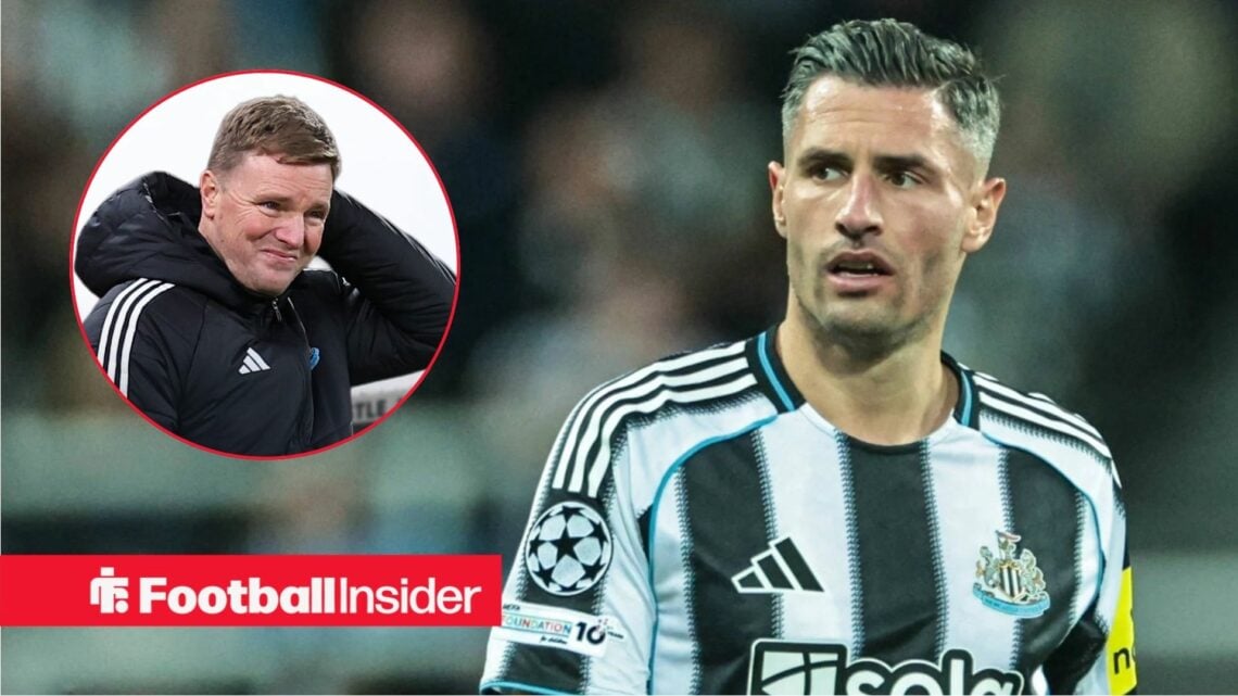 Newcastle defender Fabian Schar in action during a game, as manager Eddie Howe has his hand on his head in a circular inset.