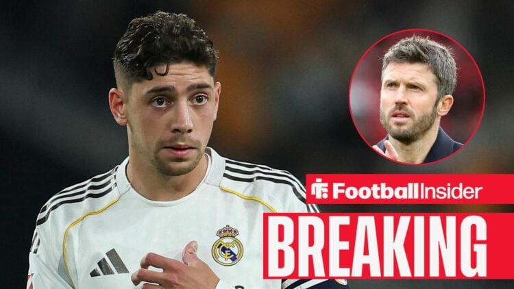 Federico Valverde in action for Real Madrid, with Michael Carrick in a circular inset