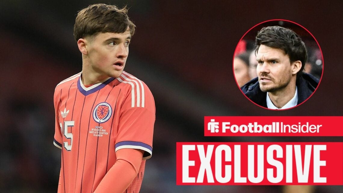 Football Insider exclusive as Rangers winger Findlay Curtis is in action for Scotland, while manager Danny Rohl watches from a circular inset.