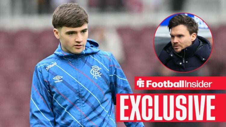 Football Insider exclusive as Rangers winger Findlay Curtis warms up for a game, while manager Danny Rohl watches from a circular inset.