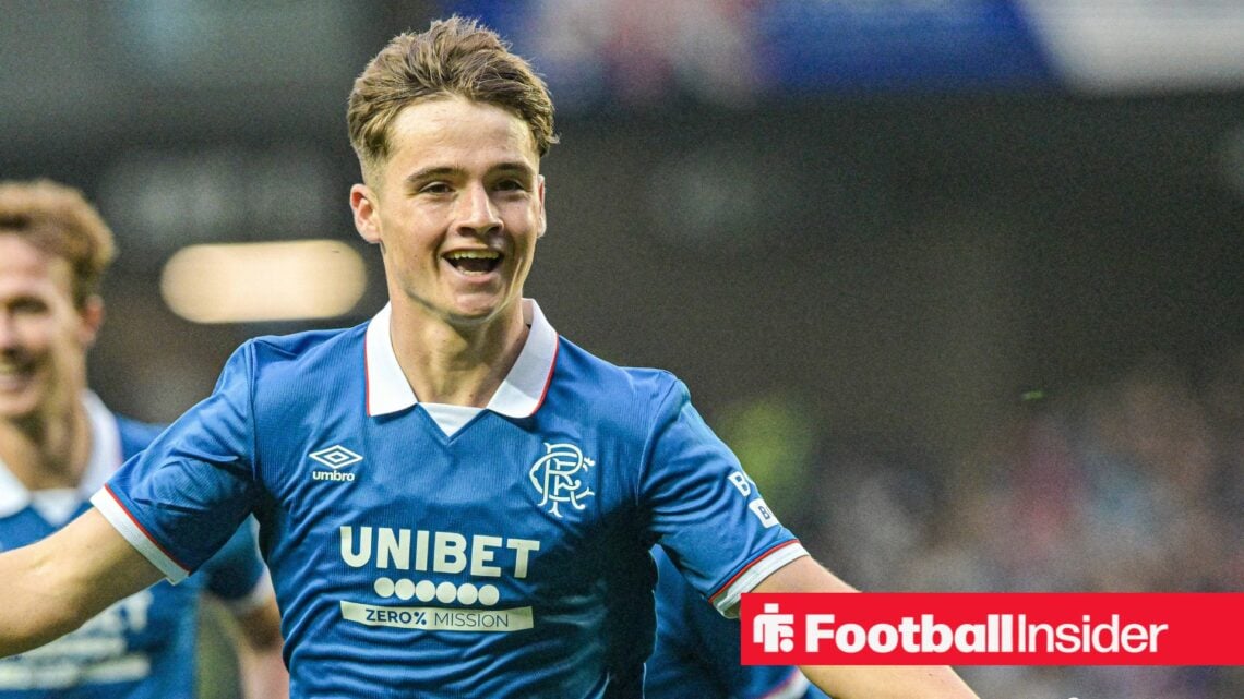 Findlay Curtis of Rangers scores their sides first goal of the match and celebrates his goal during the UEFA Champions League Second Qualifying Rou...