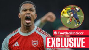 Football Insider exclusive as Arsenal defender Gabriel shouts during a game, while an image of his challenge vs Atletico Madrid features in a circular inset.