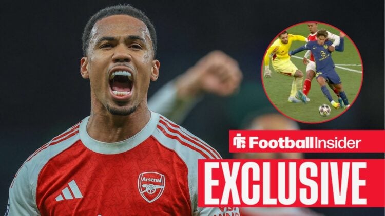 Football Insider exclusive as Arsenal defender Gabriel shouts during a game, while an image of his challenge vs Atletico Madrid features in a circu...