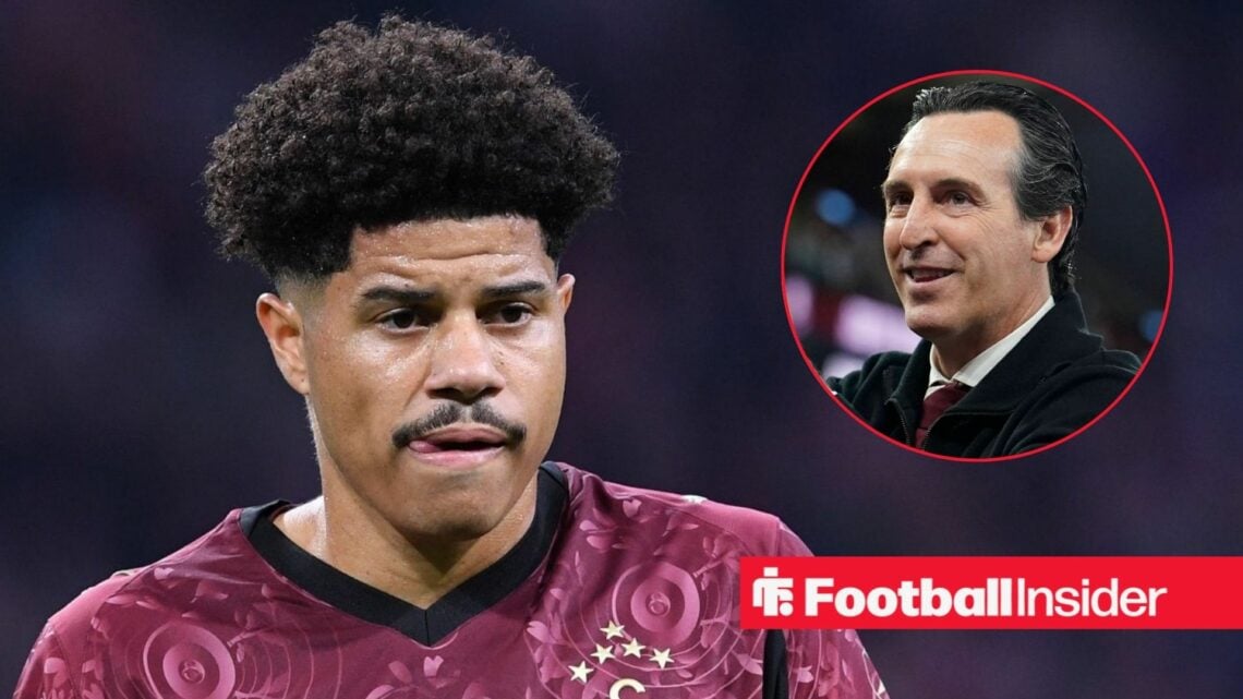 Galatasaray midfielder Gabriel Sara in action during a game, as Aston Villa manager Unai Emery smiles in a circular inset.