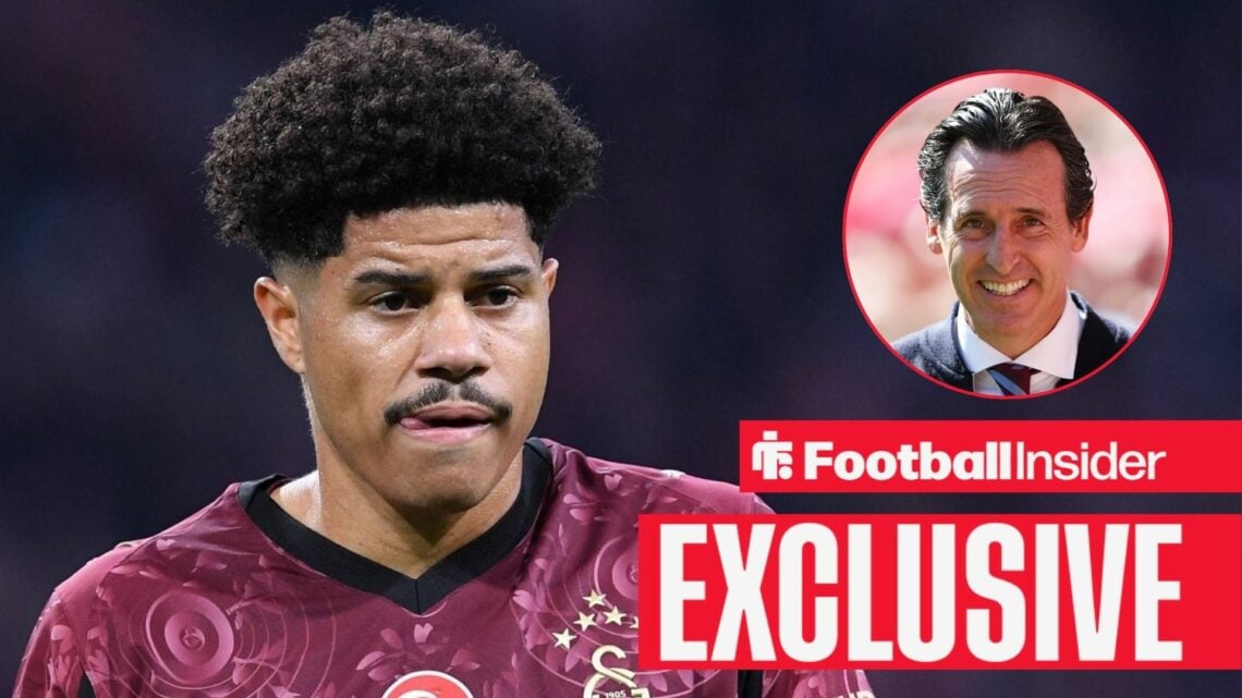 Football Insider exclusive as Galatasaray midfielder Gabriel Sara warms up for a game, while Aston Villa manager Unai Emery smiles in a circular in...