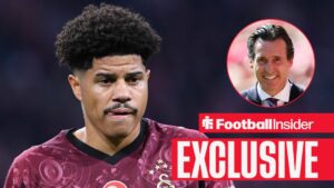 Football Insider exclusive as Galatasaray midfielder Gabriel Sara warms up for a game, while Aston Villa manager Unai Emery smiles in a circular inset.