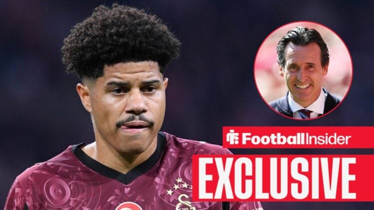 Football Insider exclusive as Galatasaray midfielder Gabriel Sara warms up for a game, while Aston Villa manager Unai Emery smiles in a circular in...