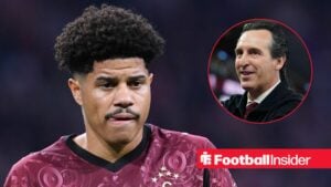 Galatasaray midfielder Gabriel Sara in action during a game, as Aston Villa manager Unai Emery smiles in a circular inset.