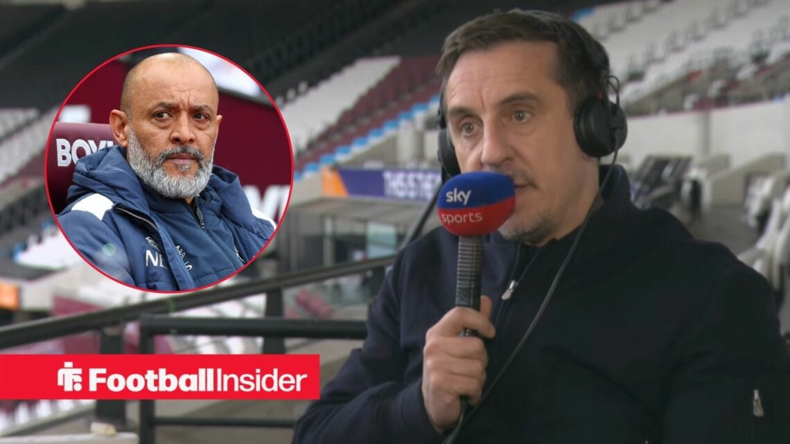 Gary Neville speaking at the London Stadium / Nuno Espirito Santo, Manager of West Ham United during the West Ham United vs Leeds United FA Cup qua...