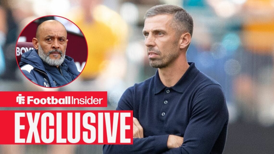 Football Insider exclusive as Gary O'Neil stands with his arms folded, while West Ham manager Nuno looks concerned in a circular inset.